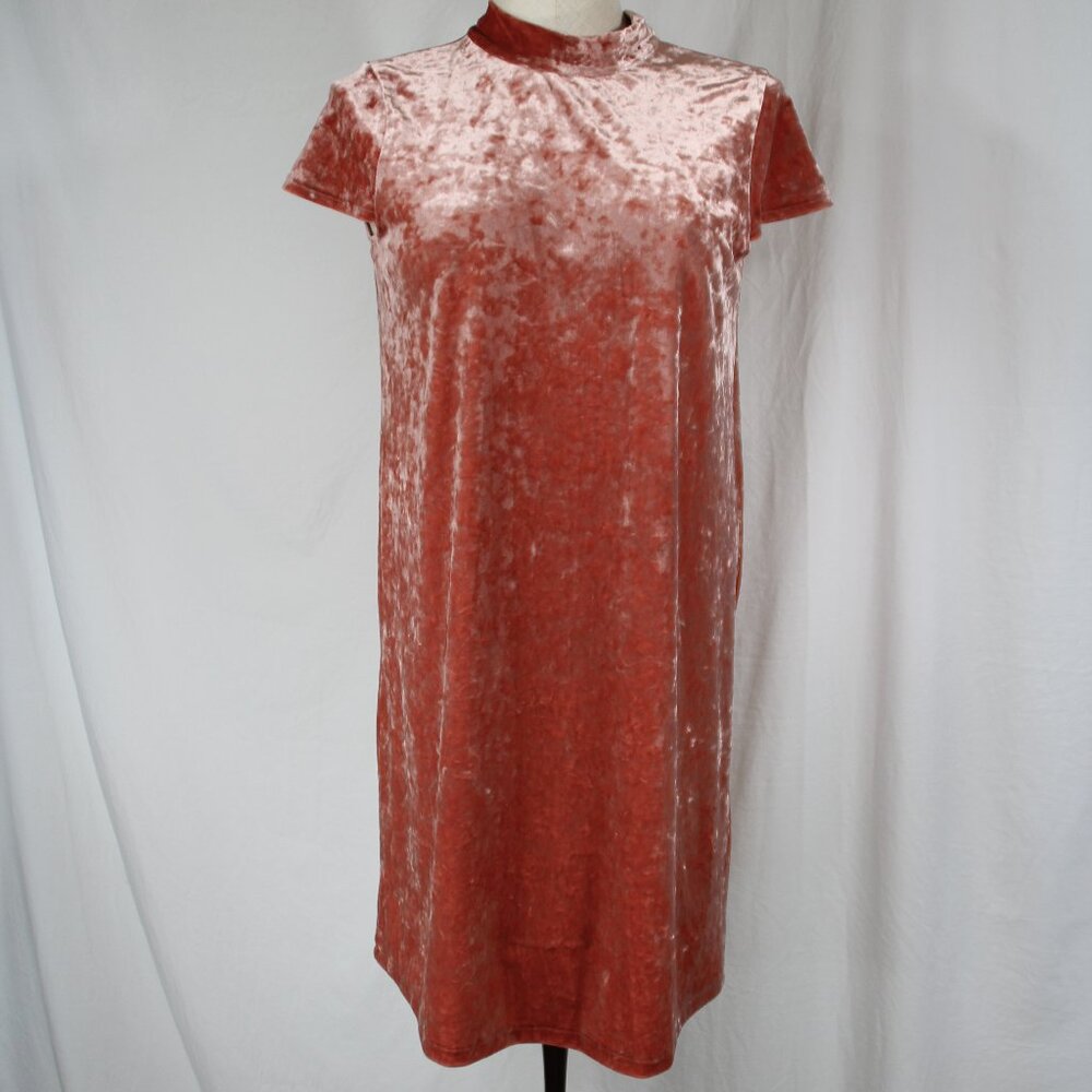 Madewell Crushed Velvet Mini Shift Dress Size S Mock Neck Bow Tie Pink Salmon